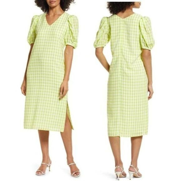 Halogen Dresses & Skirts - Halogen Puff Sleeve Midi Dress, Lime Green/ White, M